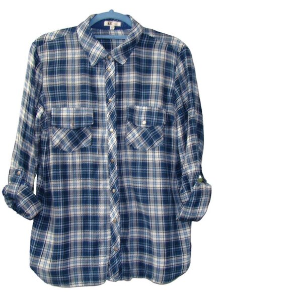Kut from the Kloth Blue & White Plaid Long Sleeve Snap Front Shirt Size Medium - Picture 6 of 11